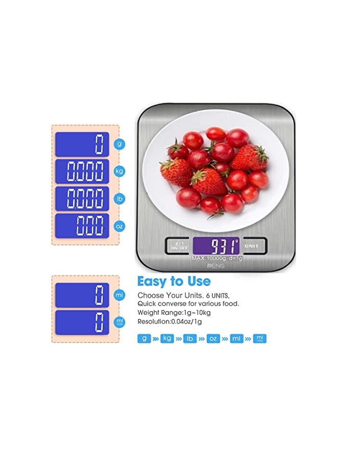 PENG GENERAL Food Scale - Ultra Accurate, Peng General LCD Display and Tare Measuring 6 Units of Measure Conversion, Silver, Batteries Included Stainless Steel Platform, 10kg/1g - Image 5