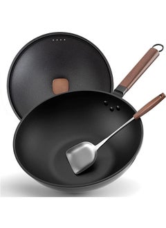 LENND Carbon Steel Wok, 30cm Wok Pan with Lid and Spatula, Nonstick Woks and Stir-fry Pans, No Chemical Coated Flat Bottom Chinese Wok for Induction, Electric, Gas, All Stoves  - Image 1