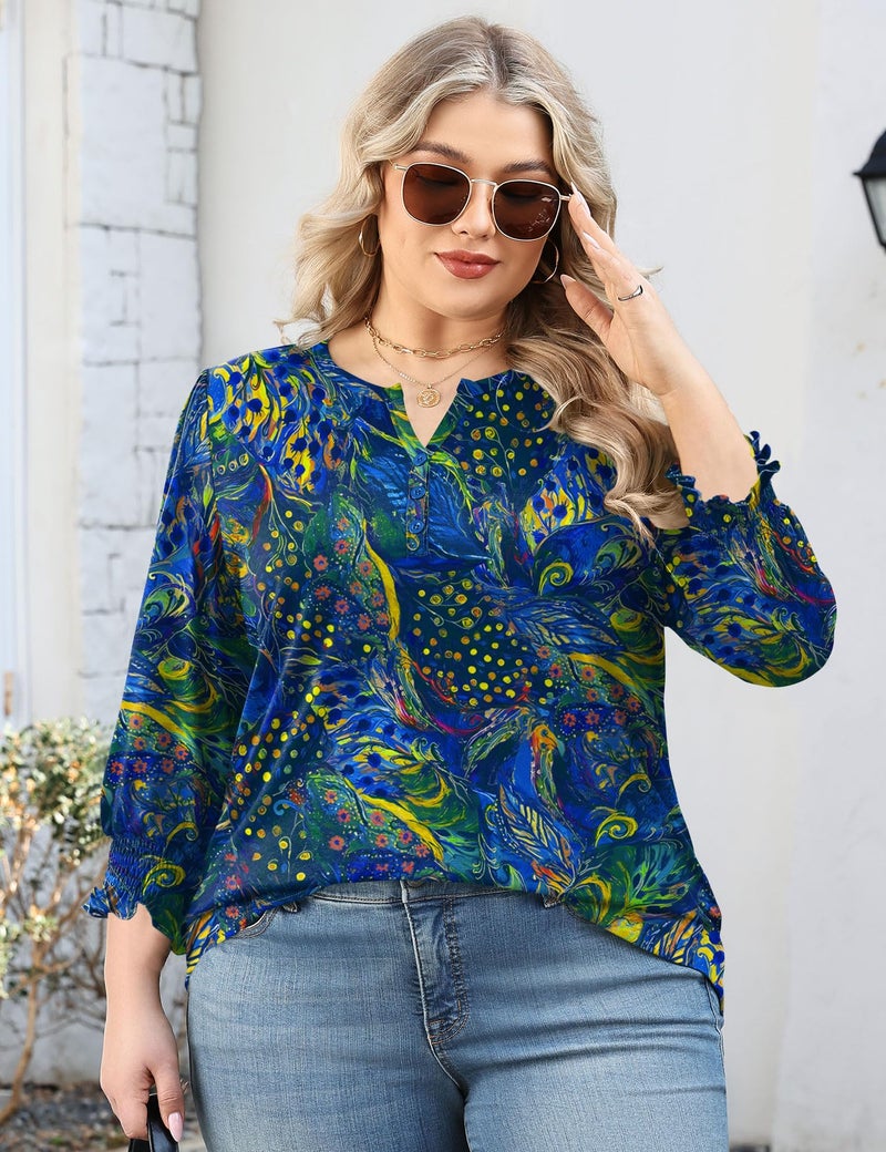 LOMON Plus Size 3/4 Sleeve Shirts V Neck Tunic Tops Casual Ladies Summer Dress Top 2026 Fashion Loose Fit Blouses Blue Floral XXL - Image 5