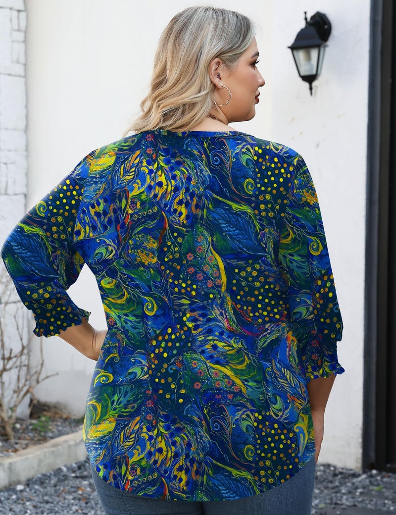 LOMON Plus Size 3/4 Sleeve Shirts V Neck Tunic Tops Casual Ladies Summer Dress Top 2026 Fashion Loose Fit Blouses Blue Floral XXL - Image 3
