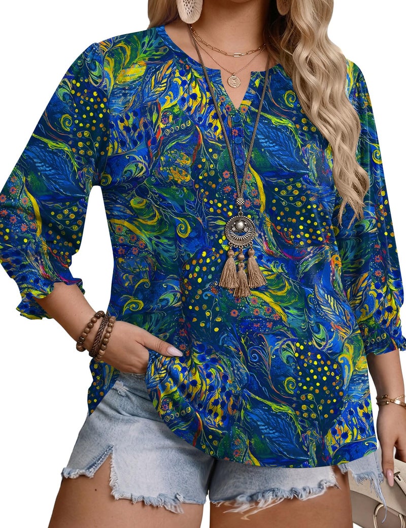 LOMON Plus Size 3/4 Sleeve Shirts V Neck Tunic Tops Casual Ladies Summer Dress Top 2026 Fashion Loose Fit Blouses Blue Floral XXL - Image 1