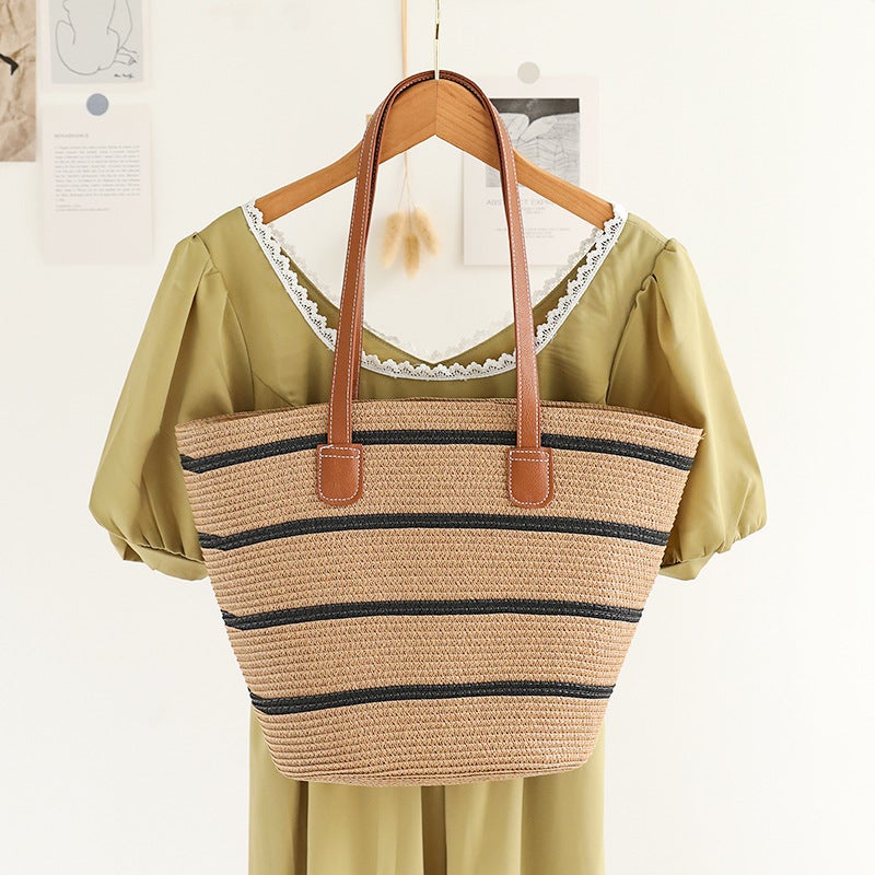 Summer All-Match Single-Shoulder Simple Striped Straw Woven Bag Casual Large Capacity Underarm Woven Bag Lazy Style Women'S Tote Bag - Image 1