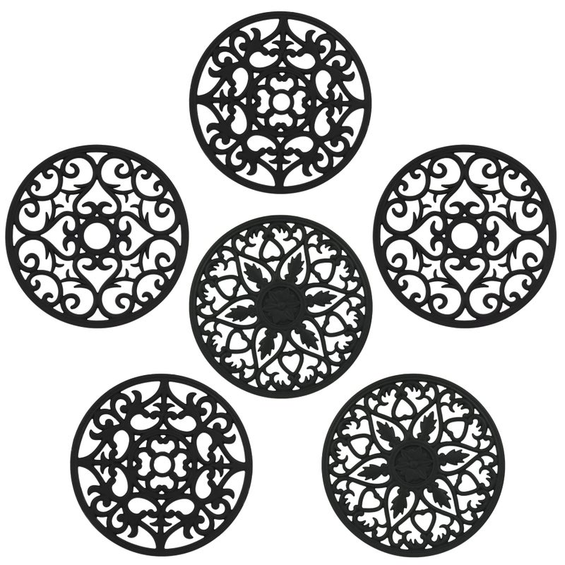 Kalsreui Trivets for Hot Dishes Silicone Trivet Hot Pads for Kitchen Silicone Trivets for Hot Pots and Pans Round Silicone Pot Holder for Tabletop Heat Resistant Mat for Countertop Set of 6 Black