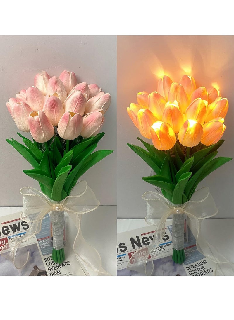 Generic NETTING Tulip Artificial Flowers with LED Light, 15 pcs Real Touch Fake Tulips, Flower Lamp, Creative Gifts for Mom Girlfriend, Mother's Day Holiday Wedding Photography Aesthetic Home Decor-Pink  - Image 1