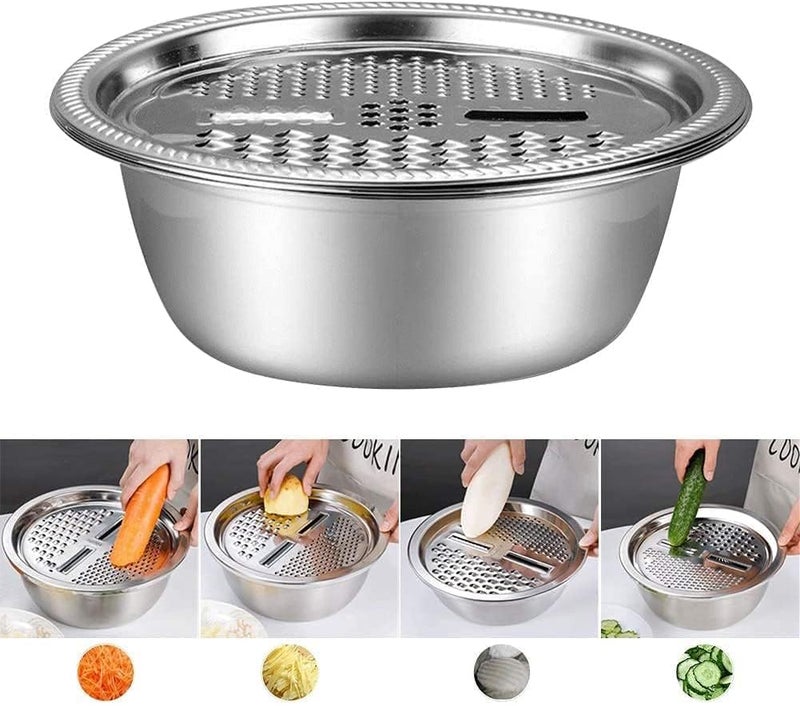 ONTRIP ONTRIP Multifunctional Thicken Stainless Steel Basin 3 in 1 Stainless Steel Grater Solid Basin Drain Basket Washing Bowl Julienne Grater Salad Maker Bowl - Image 3