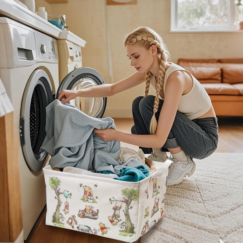 CORODER Rectangle Cute Bear Nursery Storage Basket With A Waterproof PE Coating Foldable Large Canvas Laundry Hamper Decorative Storage Baskets Suitable For Bathroom and Bedroom White - Image 2