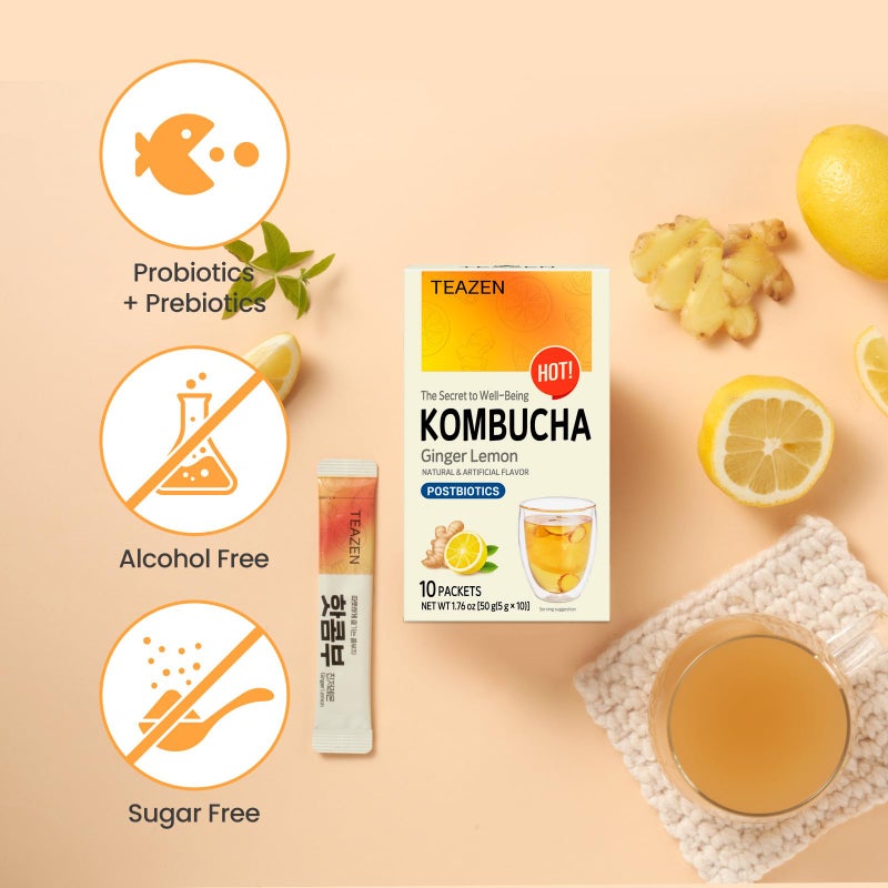 TEAZEN Lemon Ginger Hot Kombucha Tea, Spice Tea, Live Probiotics & Postbiotics, Relaxation and Warmth for Colds and Sore Throat, Hydration Drink Mix, Sugar Free, 10 Sticks, 1.76oz - Image 3