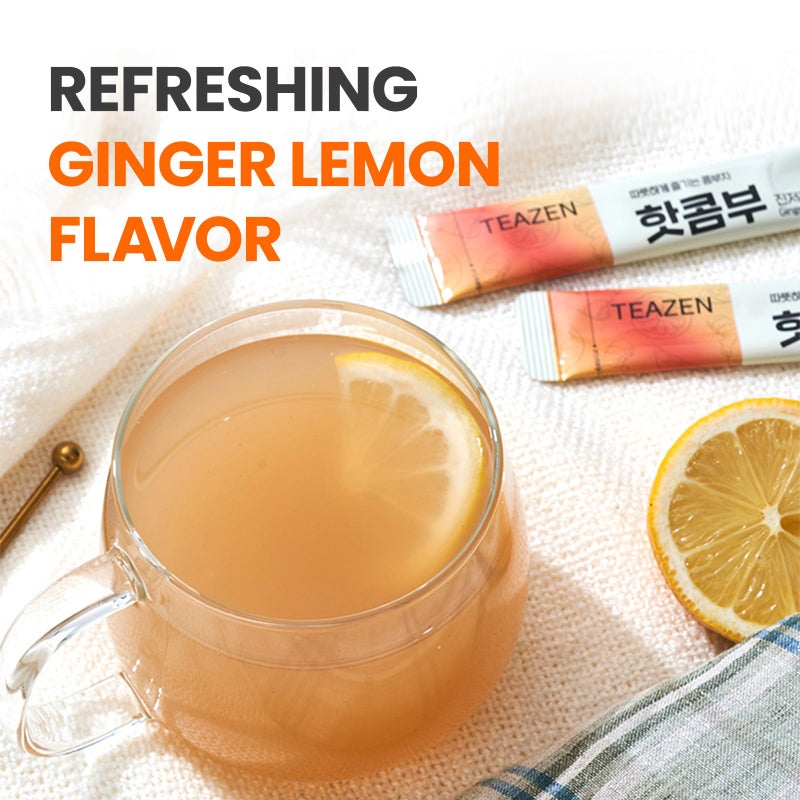 TEAZEN Lemon Ginger Hot Kombucha Tea, Spice Tea, Live Probiotics & Postbiotics, Relaxation and Warmth for Colds and Sore Throat, Hydration Drink Mix, Sugar Free, 10 Sticks, 1.76oz - Image 2