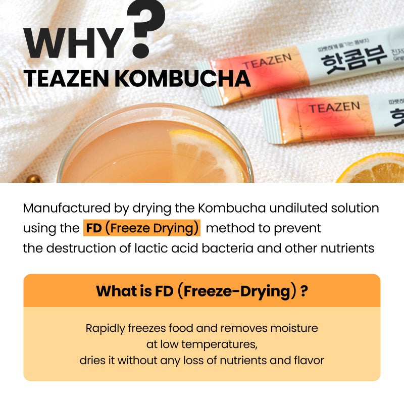 TEAZEN Lemon Ginger Hot Kombucha Tea, Spice Tea, Live Probiotics & Postbiotics, Relaxation and Warmth for Colds and Sore Throat, Hydration Drink Mix, Sugar Free, 10 Sticks, 1.76oz - Image 4