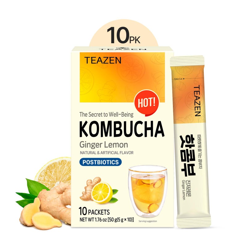 TEAZEN Lemon Ginger Hot Kombucha Tea, Spice Tea, Live Probiotics & Postbiotics, Relaxation and Warmth for Colds and Sore Throat, Hydration Drink Mix, Sugar Free, 10 Sticks, 1.76oz - Image 1