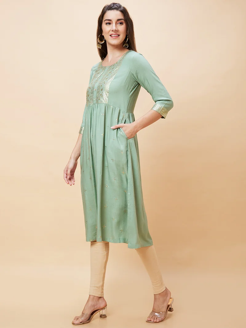 globus Women Ethnic Motifs Printed Foil Printed Round Neck A-Line Kurta