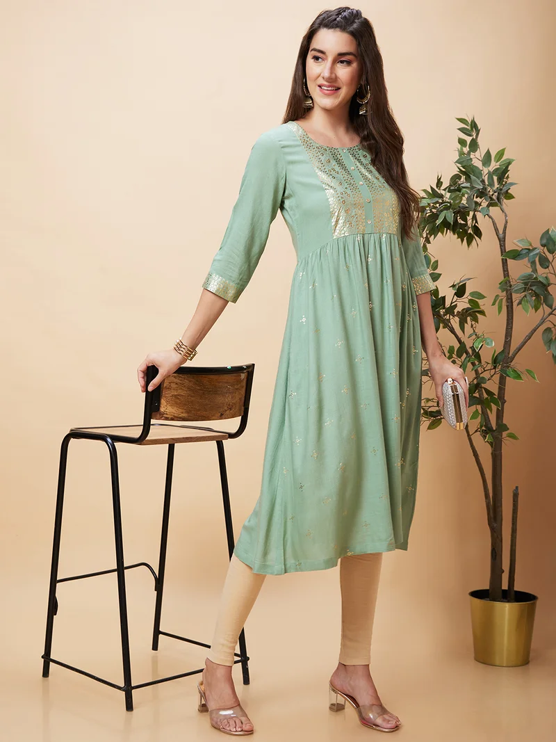 globus Women Ethnic Motifs Printed Foil Printed Round Neck A-Line Kurta