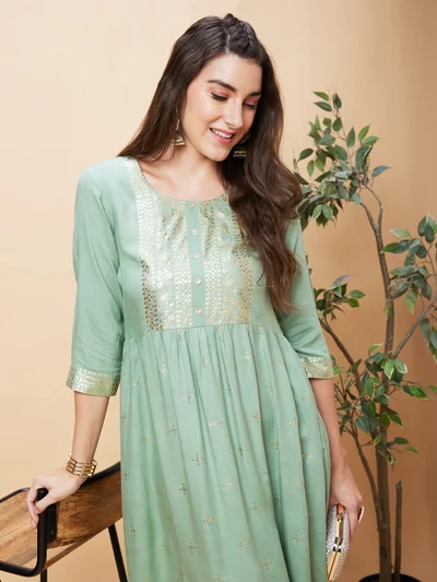 globus Women Ethnic Motifs Printed Foil Printed Round Neck A-Line Kurta