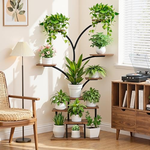 VECELO Plant Stand with LED Light, 10-Tier Indoor Plant Shelf with Supplemental Lighting, Metal Frame & Wood Shelves with Hanging Hooks, Space-Saving Plant Rack for Living Room or Corner Display - Image 4