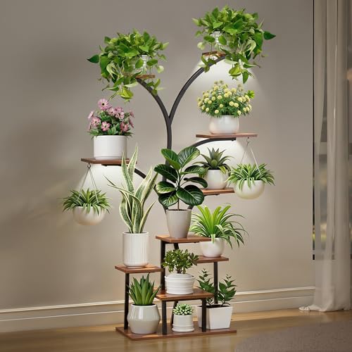 VECELO Plant Stand with LED Light, 10-Tier Indoor Plant Shelf with Supplemental Lighting, Metal Frame & Wood Shelves with Hanging Hooks, Space-Saving Plant Rack for Living Room or Corner Display - Image 1