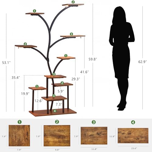 VECELO Plant Stand with LED Light, 10-Tier Indoor Plant Shelf with Supplemental Lighting, Metal Frame & Wood Shelves with Hanging Hooks, Space-Saving Plant Rack for Living Room or Corner Display - Image 3