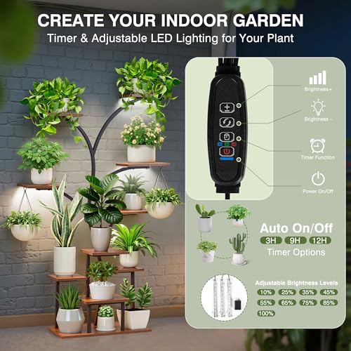 VECELO Plant Stand with LED Light, 10-Tier Indoor Plant Shelf with Supplemental Lighting, Metal Frame & Wood Shelves with Hanging Hooks, Space-Saving Plant Rack for Living Room or Corner Display - Image 5