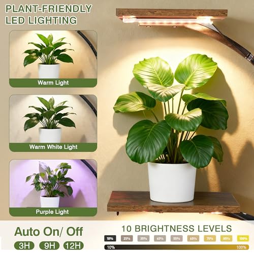 VECELO Plant Stand with LED Light, 10-Tier Indoor Plant Shelf with Supplemental Lighting, Metal Frame & Wood Shelves with Hanging Hooks, Space-Saving Plant Rack for Living Room or Corner Display - Image 2
