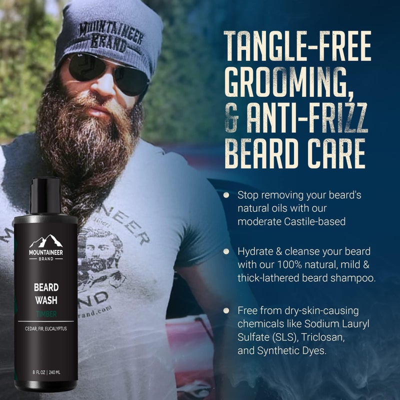 Mountaineer Brand Beard Wash For Men | 100% Natural Beard Shampoo | Thick Cleaning Softening Lather for Hair and Skin | Hydrate and Detangle | Grooming Treatment | Timber Scent 8oz - Image 4