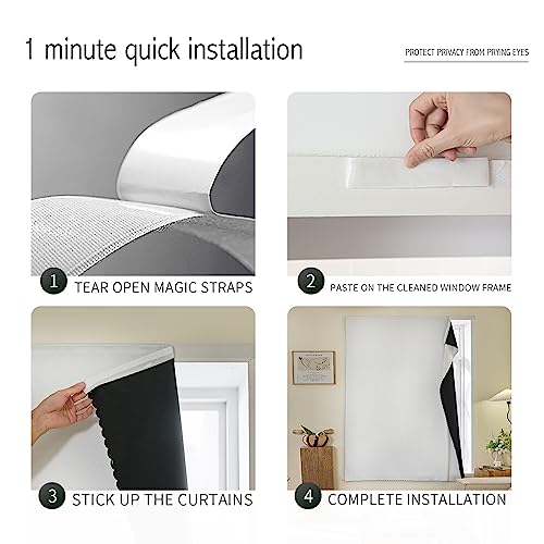 Jilron Magic Tape Stick on Portable Curtains for Windows,Bedroom Blackout Curtains for - Thermal Lnsulated No Drill Curtains Room Darkening Black Small Drapes(1 Panels,35Wx54L inch-White) - Image 4