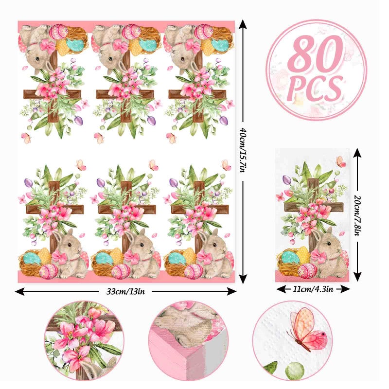 Whaline 80 Sheet Easter Guest Napkins Watercolor Bunny Egg Cross Flowers Disposable Paper Napkins Spring Dinner Hand Napkins for Home Kitchen Bathroom Party Supplies  13 x 15.7 Inch - Image 2