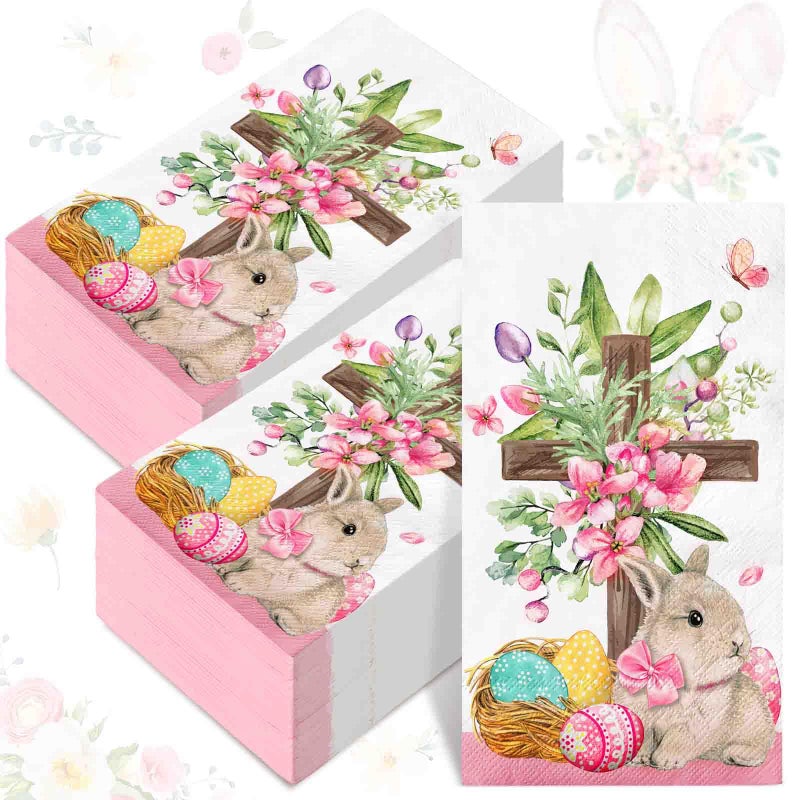 Whaline 80 Sheet Easter Guest Napkins Watercolor Bunny Egg Cross Flowers Disposable Paper Napkins Spring Dinner Hand Napkins for Home Kitchen Bathroom Party Supplies  13 x 15.7 Inch - Image 1