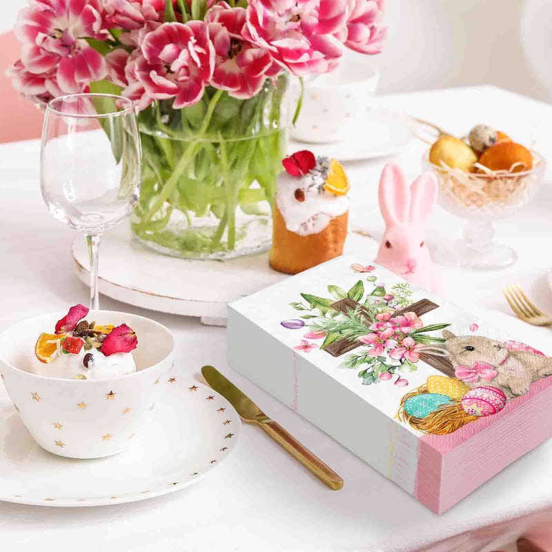 Whaline 80 Sheet Easter Guest Napkins Watercolor Bunny Egg Cross Flowers Disposable Paper Napkins Spring Dinner Hand Napkins for Home Kitchen Bathroom Party Supplies  13 x 15.7 Inch - Image 5