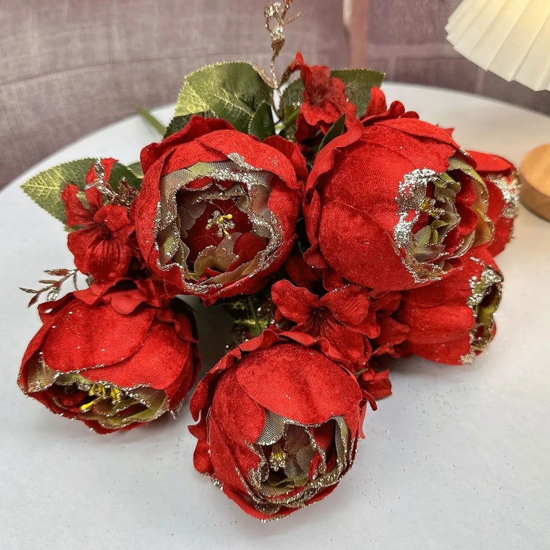 Bluejw European Style Peony Artificial Silk Bouquet with Gold Bundling – High-End Dried Plants for Elegant Dining Table Decoration - Image 1