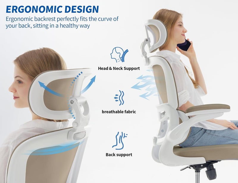 TRALT Ergonomic Office Chair - Desk Chair with Mesh PU Leather Gaming Chair - Computer Chair Comfy Adjustable Lumbar Support Executive Office Chair High Back for Adults Home Office (Khaki) - Image 3