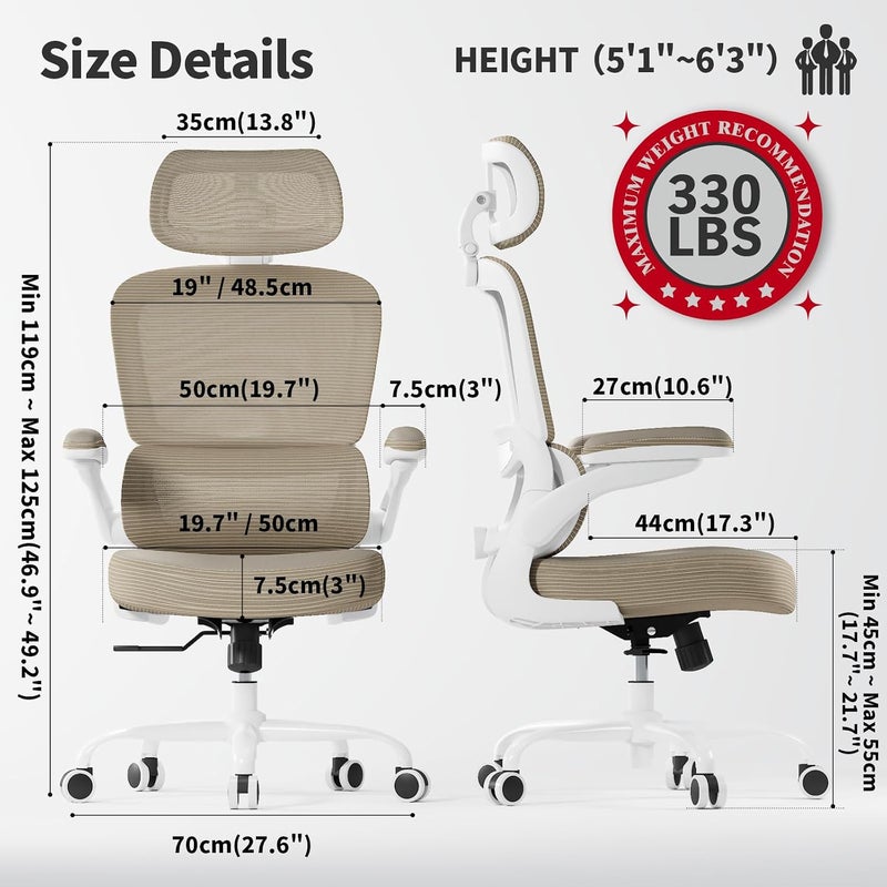 TRALT Ergonomic Office Chair - Desk Chair with Mesh PU Leather Gaming Chair - Computer Chair Comfy Adjustable Lumbar Support Executive Office Chair High Back for Adults Home Office (Khaki) - Image 2