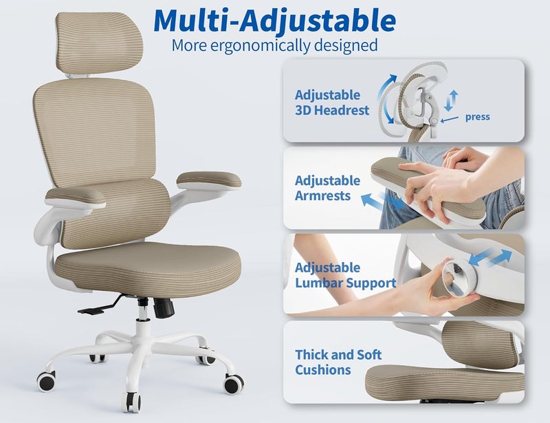 TRALT Ergonomic Office Chair - Desk Chair with Mesh PU Leather Gaming Chair - Computer Chair Comfy Adjustable Lumbar Support Executive Office Chair High Back for Adults Home Office (Khaki) - Image 4