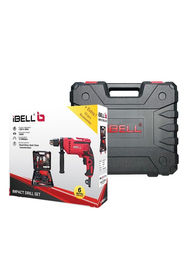 آي بيل مجموعة أدوات احترافية من IBELL مع مثقاب صدمات TD13-85، 650 وات، هيكل نحاسي، ظرف 13 مم، 59 أداة/إكسسوارات منزلية أساسية  - Image 2