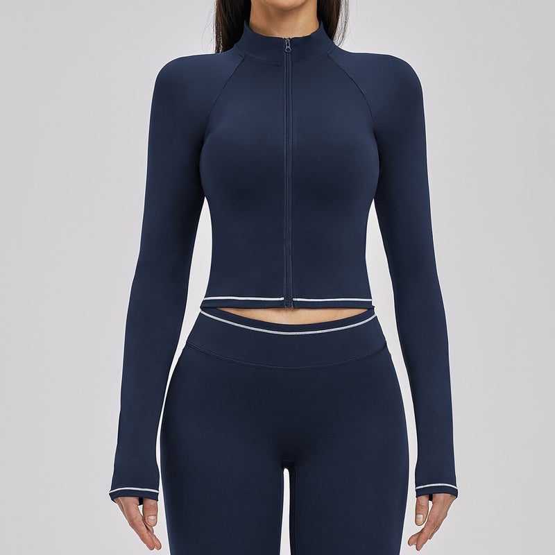 Cross-Border Colorblock Brushed Yoga Jacket with Zipper, Windproof and Slim Fit for Women