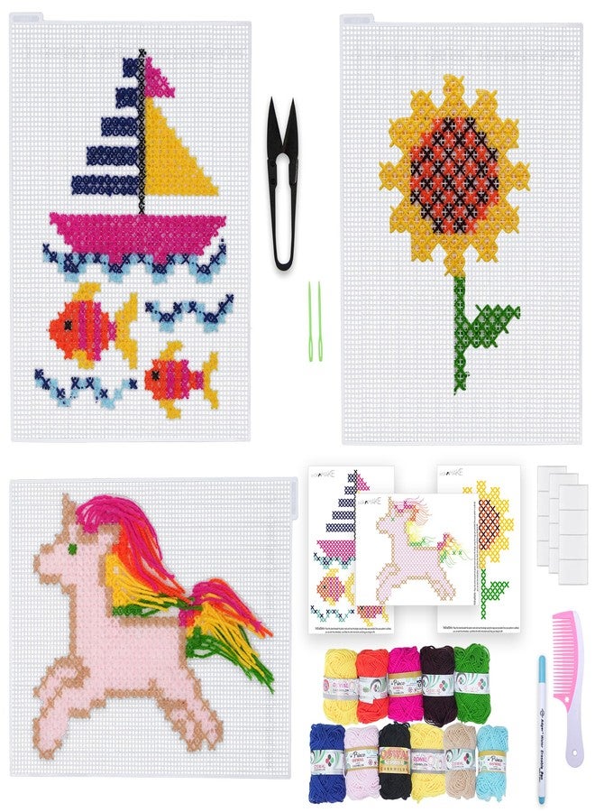 picknMAKE Pack of 3 Cross Stitch Embroidery Kits for Beginners & Kids | DIY Learning Craft Kit with Plastic Mesh, Woolen Yarn, Plastic Needle, Design Sheets, Magic Pen & Comb | Fun Needlecraft Hobby Set - Image 1