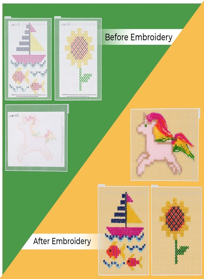 picknMAKE Pack of 3 Cross Stitch Embroidery Kits for Beginners & Kids | DIY Learning Craft Kit with Plastic Mesh, Woolen Yarn, Plastic Needle, Design Sheets, Magic Pen & Comb | Fun Needlecraft Hobby Set - Image 4