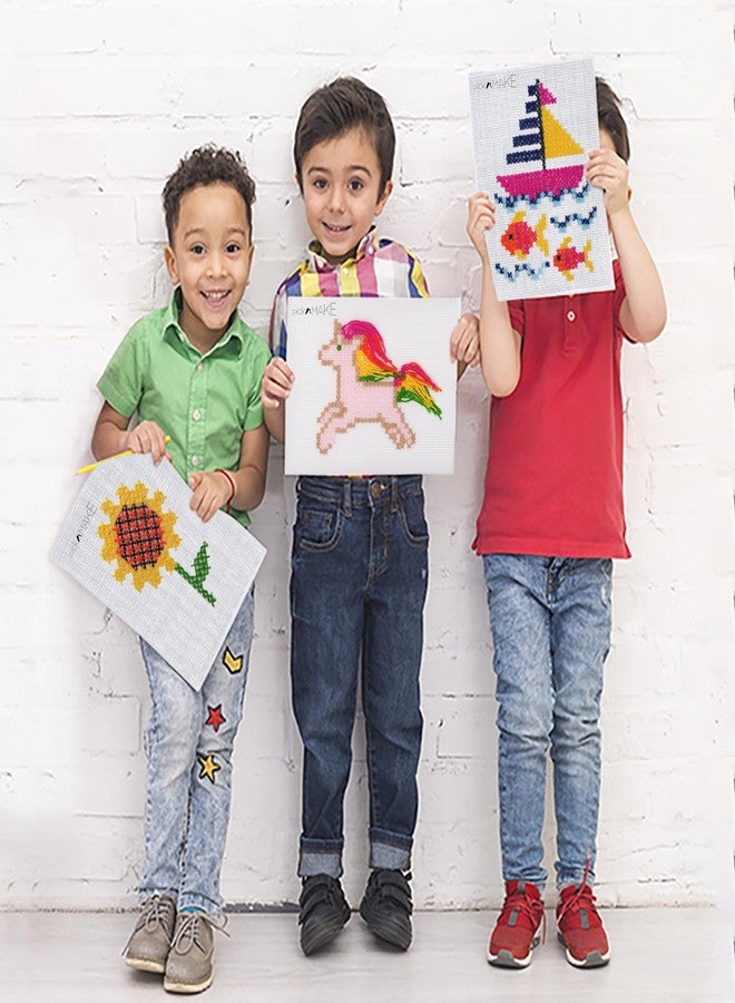 picknMAKE Pack of 3 Cross Stitch Embroidery Kits for Beginners & Kids | DIY Learning Craft Kit with Plastic Mesh, Woolen Yarn, Plastic Needle, Design Sheets, Magic Pen & Comb | Fun Needlecraft Hobby Set - Image 5