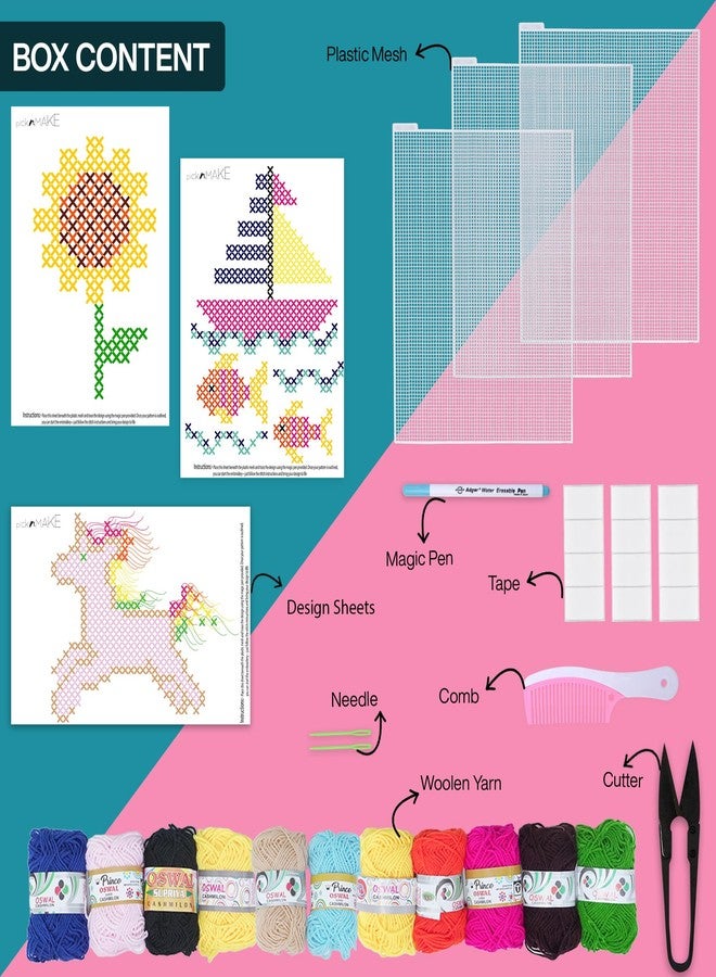 picknMAKE Pack of 3 Cross Stitch Embroidery Kits for Beginners & Kids | DIY Learning Craft Kit with Plastic Mesh, Woolen Yarn, Plastic Needle, Design Sheets, Magic Pen & Comb | Fun Needlecraft Hobby Set - Image 2
