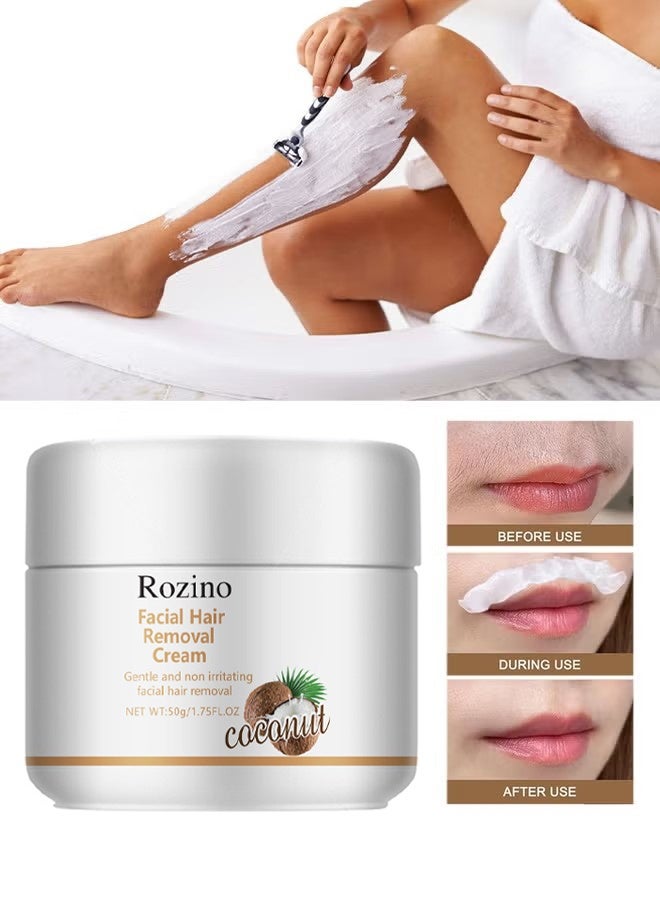 Rozino Facial Hair Removal Cream,Facial Depilatory Cream, Coconut Hair Remover for Upper Lip and Chin for Women Face Hair Remover for Body Sensitive Skin #Coconut (50g) - Image 1