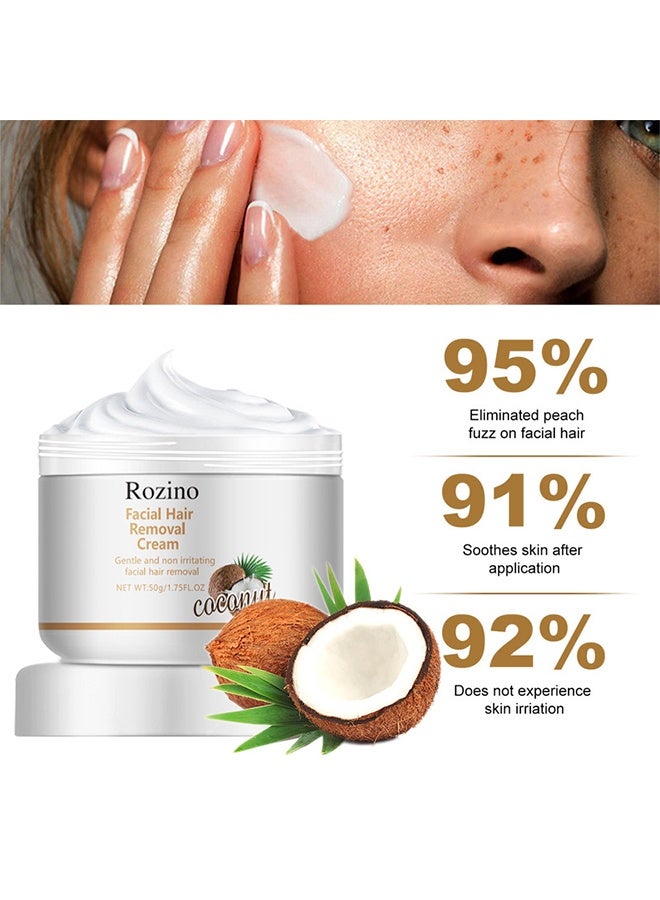 Rozino Facial Hair Removal Cream,Facial Depilatory Cream, Coconut Hair Remover for Upper Lip and Chin for Women Face Hair Remover for Body Sensitive Skin #Coconut (50g) - Image 2