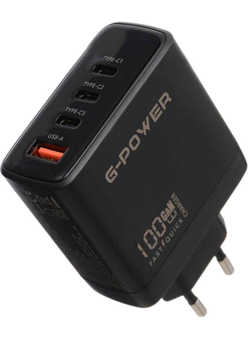 جي باور شاحن جي-باور GP-C18 بقوة 100 واط، 4 منافذ (USB-A و3 منافذ USB-C)، يدعم تقنية الشحن السريع كوالكوم 3.0، متوافق مع أجهزة ماك بوك برو، آيباد، جالاكسي، بيكسل، آيفون، وغيرها - أسود - Image 1