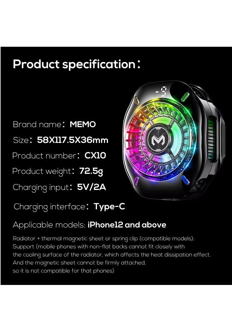 Memo MEMO CX10 AI Modes Gaming Cooler ‚Äì Rapid Icing, AI Constant Temperature, Multi-Style RGB LED Lights ‚Äì Semiconductor + Air Cooling Phone Radiator for Mobile Gaming, Live Streaming ‚Äì Magnetic Clip, Ice-Freezing Tech, Type-C 5V/2A - Image 5