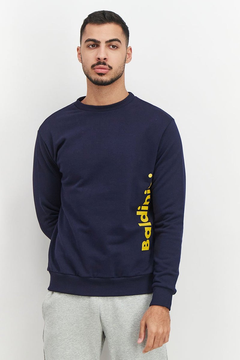 Baldinini Men Crew Neck Graphic Print Long Sleeves Sweatshirt, Navy Blue - Image 1