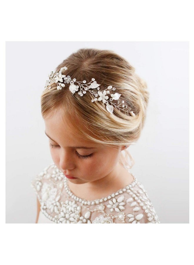 SWEETV Flower Girl Headpiece Silver Princess Wedding Headband Baby Girls Flower Pearl Hair Accessories For Birthday Party Photography  - Image 1