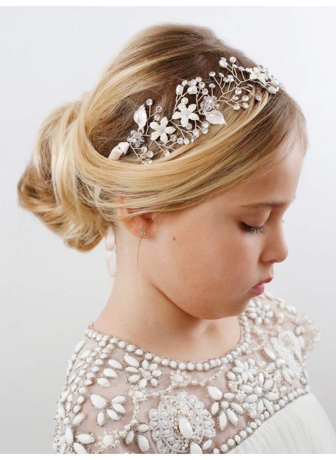 SWEETV Flower Girl Headpiece Silver Princess Wedding Headband Baby Girls Flower Pearl Hair Accessories For Birthday Party Photography  - Image 3