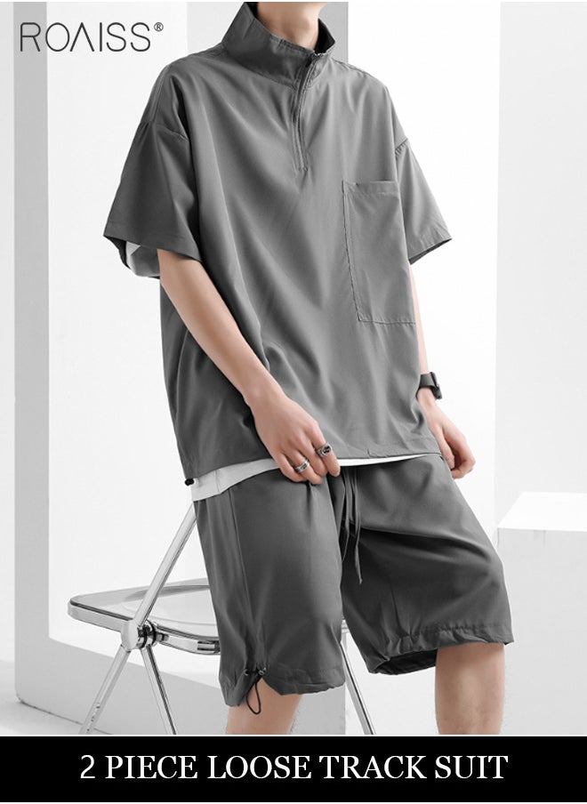 roaiss 2-Piece Ice Silk Suit For Men'S Daily Commuting Short-Sleeved Stand-Up Collar Top And Outdoor Sports Loose Shorts Suit  - Image 1