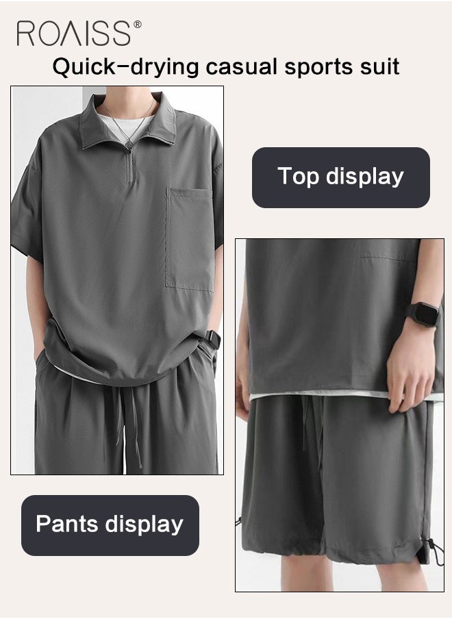 roaiss 2-Piece Ice Silk Suit For Men'S Daily Commuting Short-Sleeved Stand-Up Collar Top And Outdoor Sports Loose Shorts Suit  - Image 3