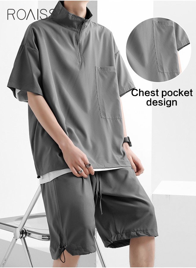 roaiss 2-Piece Ice Silk Suit For Men'S Daily Commuting Short-Sleeved Stand-Up Collar Top And Outdoor Sports Loose Shorts Suit  - Image 5