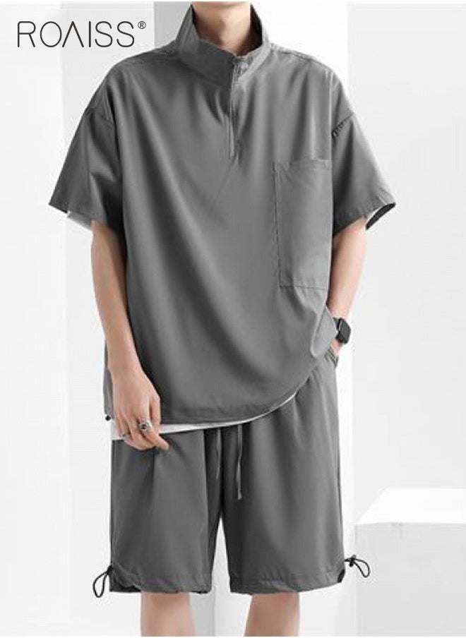 roaiss 2-Piece Ice Silk Suit For Men'S Daily Commuting Short-Sleeved Stand-Up Collar Top And Outdoor Sports Loose Shorts Suit  - Image 2