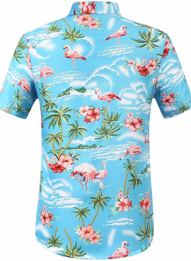 SSLR Mens Hawaiian Shirt Flamingos Casual Short Sleeve Button Down Shirts Aloha Shirt, Blue, M - Image 2