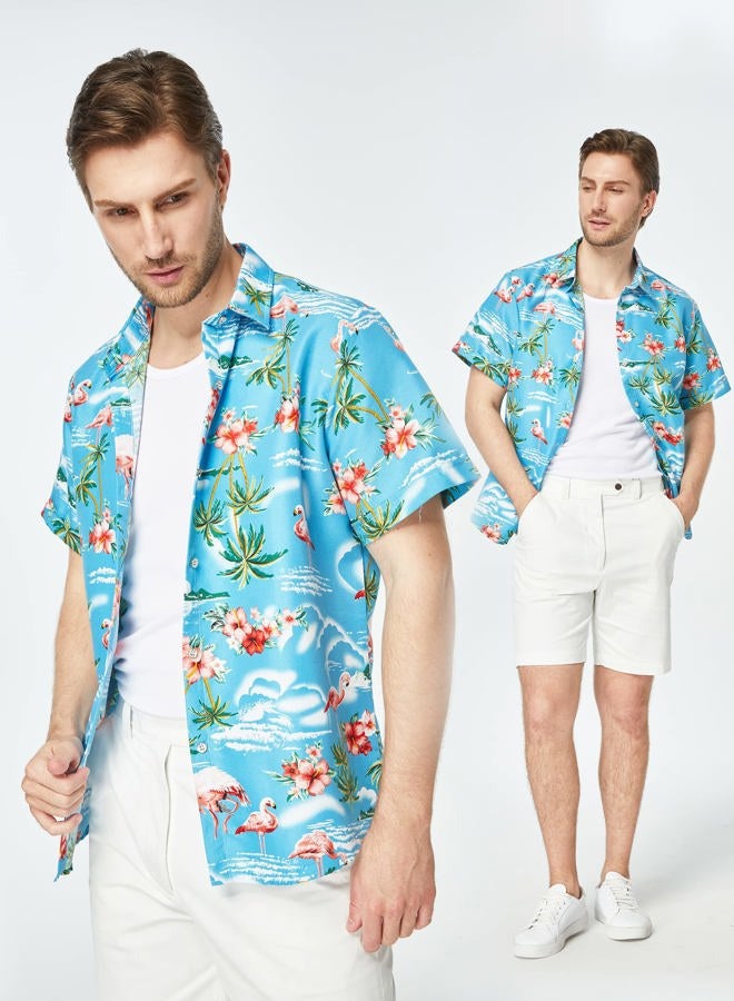SSLR Mens Hawaiian Shirt Flamingos Casual Short Sleeve Button Down Shirts Aloha Shirt, Blue, M - Image 4